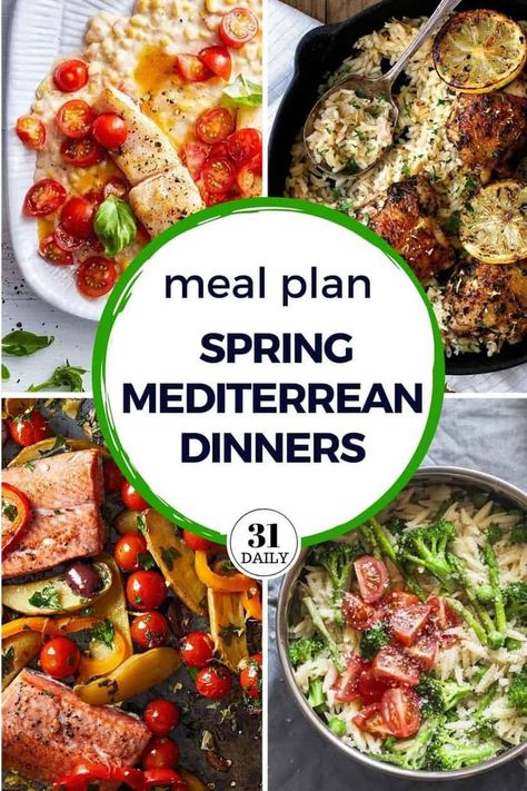 This week's meals are all about spring Mediterranean dinners. Colorful entrees packed with vegetables to help us keep spring healthy habits. Mediterranean Dinner Ideas, Dinner Main Dishes, Mediterranean Dinner, Spring Recipes Dinner, Easy Mediterranean Diet Recipes, Healthy Weeknight Dinners, Spring Dinner, Food Aesthetics, Dinner Entrees