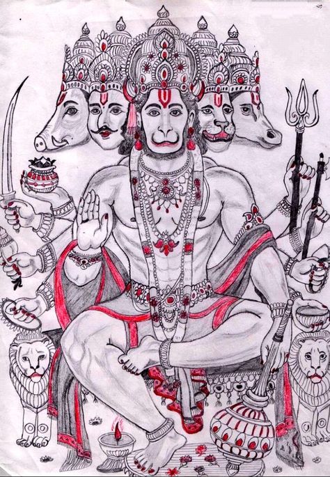 Panchmukhi Hanuman Drawing, Anjaneya Swamy Images, Hanuman Sketch, Anjaneya Swamy, Goddess Drawing, Promises Quotes, Panchmukhi Hanuman, God Hanuman, Durga Painting