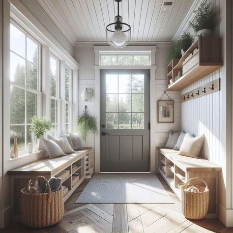 Back Door Mudroom Entryway, Mudroom With Lots Of Windows, Mudroom Entryway With Windows, Porch Converted To Mudroom, Home Breezeway, Breezeway Ideas To Garage Enclosed Cozy, Mudroom Bump Out Addition, Long Hallway Mudroom Ideas, Adding A Mudroom To A House