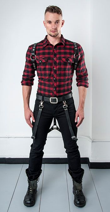 Folsom Leather Looks: Harness and gear by Nasty Pig Gay Men's Fashion #MensFashionSuspenders Suspenders Men Fashion, Harness Outfit, Leather Braces, Red Checked Shirt, Harness Fashion, Fun Clothing, Mens Leather Clothing, Ginger Men, Gay Fashion