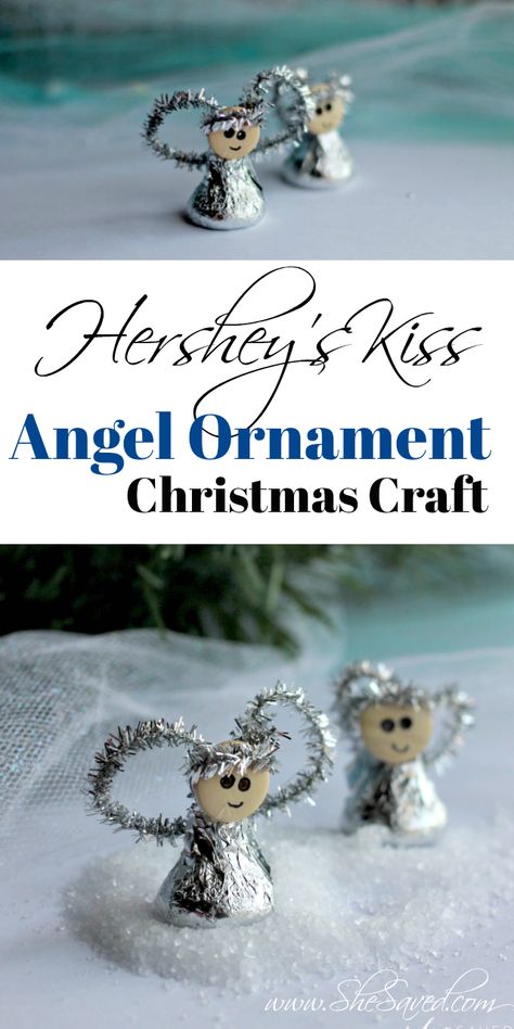 Hershey's Kiss Angel Christmas Ornament Hershey Kiss Gift Ideas, Crafts With Hershey Kisses, Hersey Kisses Gift Ideas, Hersheys Kisses Gift Ideas, Hershey Kiss Craft, Easy Angel Ornaments To Make, Hershey Kiss Crafts, Angel Gifts Ideas, Hershey Kiss Christmas Crafts