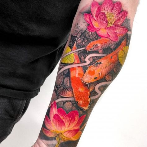 Japanese Water Lily Tattoo, Realism Koi Fish Tattoo, Japanese Koi Fish Tattoo Design Lotus Flowers, Koi Fish Tattoo For Women Arm, Lotus And Koi Fish Tattoo, Koi Fish Lotus Tattoo, Koi Fish Tattoo Design For Women, Koi Fish Pond Tattoo, Coi Fish Tattoo For Women