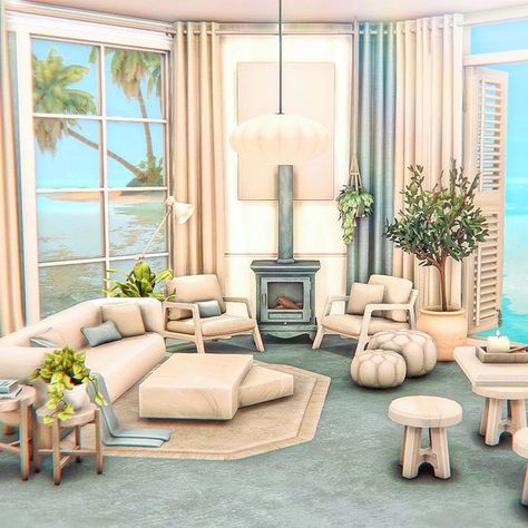 Sims 4 Coastal Living Room, The Sims 4 Coastal House, Sims 4 Ocean House, Sims 4 Big Living Room, Sims 4 Beach House Interior, Living Room Ideas Sims 4, Sims 4 Breakfast Nook, Sims 4 Sunroom, Surf Living Room