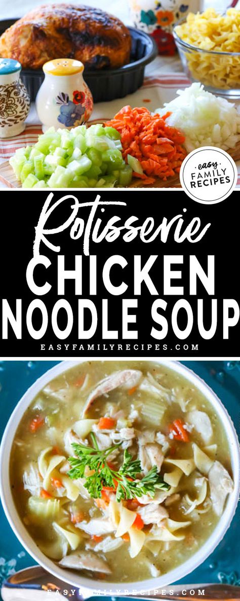 Chicken Soup Recipes With Rotisserie, Rotisserie Chicken Noodle Soup Crockpot, Slow Cooker Rotisserie Chicken Soup, Easy Rotisserie Chicken Soup Recipes, Rotisserie Chicken Noodle Soup Recipes, Chicken Soup Rotisserie, Chicken Noodle Soup Rotisserie, Omnivore Recipes, Rotisserie Chicken Noodle Soup