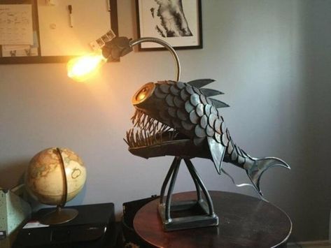 38 Things you may want to own. Metallic Artwork, Metal Sculpture Artists, Welded Art, Welded Metal Art, Metal Welding Art, Fish Lamp, Unusual Furniture, Steamed Fish, Welding Art Projects