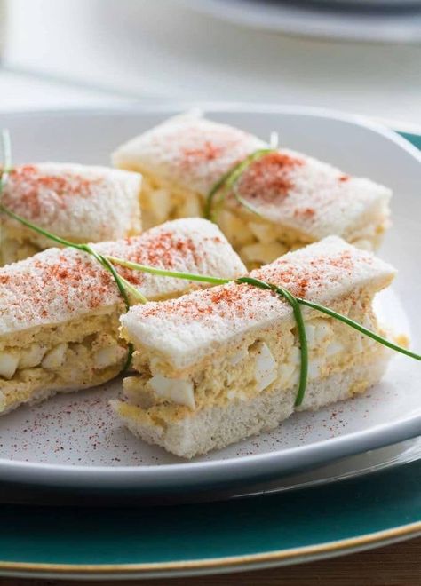 Egg salad gets a makeover and a little kick with the help of apple cider vinegar, Worcestershire sauce, and paprika. Get the recipe. Small Sandwiches, Finger Sandwich, Salad Fingers, Deviled Egg Salad, High Tea Food, Tea Party Sandwiches, Tea Sandwiches Recipes, Afternoon Tea Recipes, Party Sandwiches