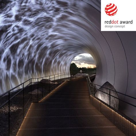 Inspired by the moon’s symbolism, the design team located the precise position and orientation of the tunnel above the valley to slice the tunnel and the entrance to the tunnel in a manner that simulates the earth-moon projection relationship.................... #RedDotAward #RedDotWInner #DesignConcept #Architecture #designedby #QuHuiYing #RanXu Tunnel Installation Art, Tunnel Design Architecture, Tunnel Entrance Design, Tunnel Architecture, Mirror Tunnel, Vortex Tunnel, Tunnel Lighting, Water Tunnel, Space Tunnel