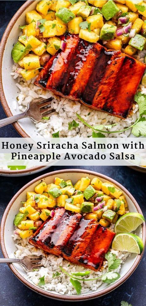 Honey Sriracha Salmon with Pineapple Avocado Salsa - Recipe Runner Pineapple Avocado Salsa, Honey Sriracha Salmon, Salmon With Pineapple, Pineapple Salmon, Sriracha Salmon, Dinner Salmon, Salmon Recipes Baked Healthy, Avocado Salsa Recipe, Summer Flavors