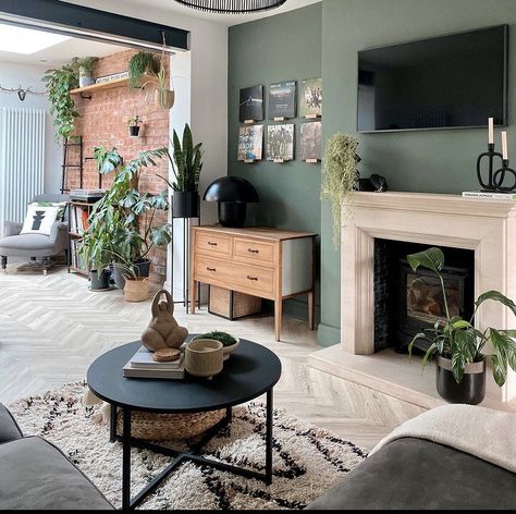 Green Lounge Room Ideas, Dark Sage Room, Dark Sage Living Room, Sage Green Living Room With Fireplace, Dining Room Snug Ideas, Earthy Green Living Room Walls, Dark Sage Green Living Room, Cosy Living Room Ideas Grey, Safe Green Living Room Decor