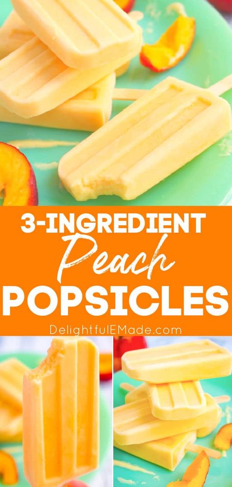 Homemade Popsicles Yogurt, Homemade Peach Popsicles, Peach Ice Pops, Best Popsicle Recipes, Home Made Popsicles With Fruit, Pineapple Popsicles Recipes, Easy Healthy Popsicle Recipes, Peaches And Cream Popsicles, Peach Popsicle Recipes