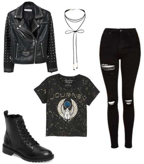 Women's rock 'n' roll party theme outfit with ripped black jeans, Journey tee shirt, studded leather jacket, combat boots, wrap choker Rock And Roll Theme Party Outfit, Party Outfits College, Rock Party Outfit, Outfit Images, Party Outfit College, Outfit Rock, Trendy Party Outfits, 90s Fashion Outfits Hip Hop Party, Black Jeans Outfit