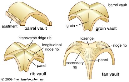 Four common types of vault. A barrel vault (also called a cradle vault, tunnel vault, or wagon vault) has a semicircular cross section. A groin (or cross) vault is formed by the perpendicular intersection of two barrel vaults. A rib (or ribbed) vault is supported by a series of arched diagonal ribs that divide the vault’s surface into panels. A fan vault is composed of concave sections with ribs spreading out like a fan. Vault Architecture, Vaulted Ceiling Kitchen, Ribbed Vault, Barrel Vault Ceiling, Barrel Ceiling, Shell Structure, Types Of Ceilings, Romanesque Architecture, Plans Architecture