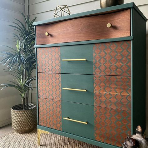 Mid Century Furniture Stencil, Refurbished Mcm Furniture, Refinished Mcm Furniture, Retro Upcycled Furniture, Bright Furniture Painted, Mcm Painted Furniture, Art Deco Furniture Makeover, Mid Century Modern Furniture Makeover, Bedroom Dresser Ideas