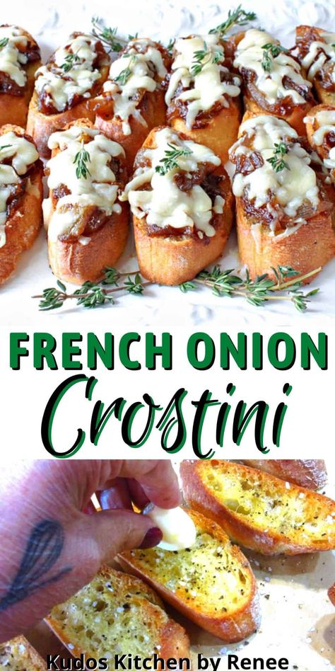 French Bread Appetizers, Onion Appetizers, French Onion Pork Chops, French Appetizers, Heavy Appetizers, Crostini Recipe, Toasted Crostini, Crostini Appetizers, Crostini Recipes