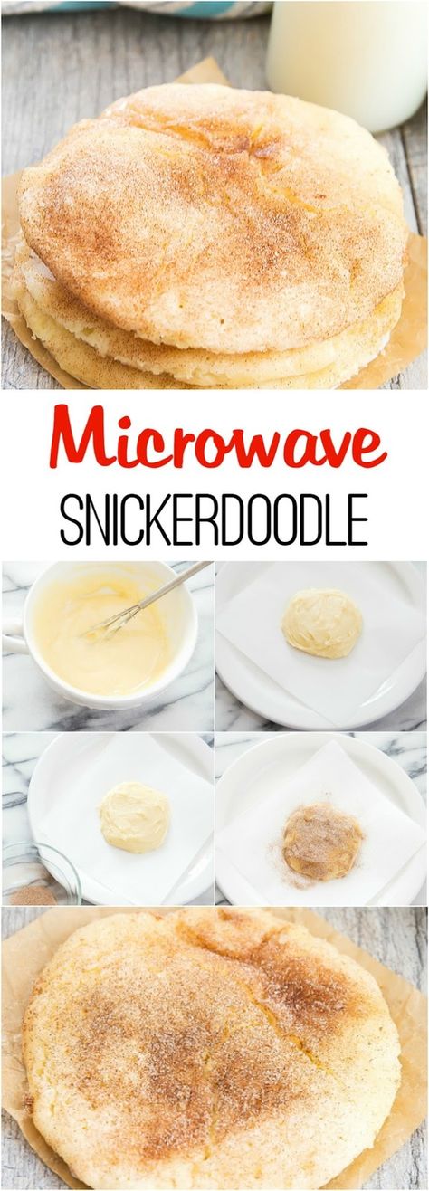 Microwave Snickerdoodle. Make one single, chewy and soft snickerdoodle cookie in just a few minutes! Soft Snickerdoodle Cookies, Microwave Dessert, Snickerdoodle Cookie, San Diego Food, Food Microwave, Single Serving Recipes, Mug Recipes, Microwave Cooking, Puppy Chow