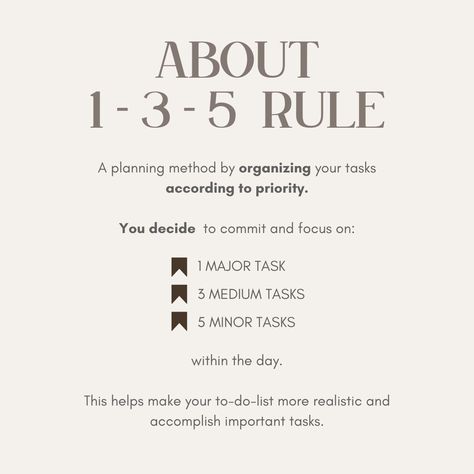 🌟 Boost Your Productivity with the 1-3-5 Rule + Notion 🌟 Feeling overwhelmed by your to-do list? 😅 Try this simple yet powerful technique that keeps your day focused and manageable—the 1-3-5 Rule! Here’s how I’m making it work for me using Notion: 📝 1 Big Task: The major goal you MUST accomplish today 📝 3 Medium Tasks: Important but smaller tasks 📝 5 Small Tasks: Quick and easy to-dos Drag and drop, check things off, and feel the progress! 🙌 ✨ Why it works: ✔️ Prioritizes your day, so you... Using Notion, Notion Inspo, Aesthetic Notion, Minimalist Layout, Bullet Journal Design Ideas, Journal Design, Make It Work, To Do, To Do List