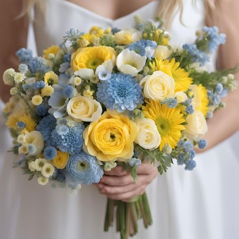 7 Ideas for Blue and Yellow Wedding Colors - Yeah Weddings Blue Yellow Wedding Decor, Blue And Yellow Wedding Bouquet, Blue And Yellow Wedding Theme, Blue And Yellow Bouquet, Yellow Wedding Colors Schemes, Yellow And Blue Wedding, Pale Yellow Weddings, Light Yellow Weddings, Yellow Wedding Ideas