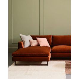 Burnt Orange Sofa Living Room Ideas, Rust Sofa Living Room Ideas, Corner Sofa With Chaise, Modern Corner Sofa, Sunset Room, Compton Verney, Modern Chaise, Orange Couch, Small Bathroom Tiles