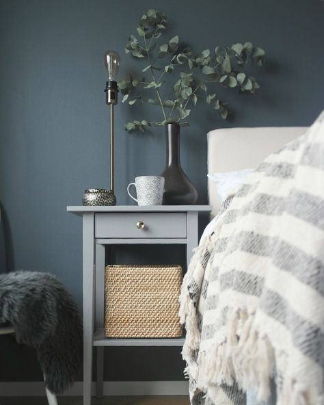 Our bedroom with dark walls and Ikea hemnes bedside table hack.                                                                                                                                                     More                                                                                                                                                                                 More Ikea Hemnes Nightstand, Hemnes Bedside Table, Hemnes Nightstand, Ikea Bedside, Bedside Table Ikea, Amazing Ikea Hacks, Ikea Nightstand, Dark Bedroom Furniture, Murphy Bed Plans