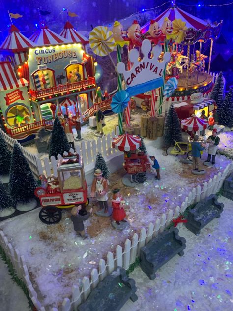 Odette Christmas Carnival, Lemax Carnival Display, Miniature Carnival Diy, Lemax Christmas Village Backdrop, Chirstmas Village Set The Jolly Christmas Shop, Christmas Tree Village Display, Christmas Tree Village, Christmas Carnival, Diy Christmas Garland