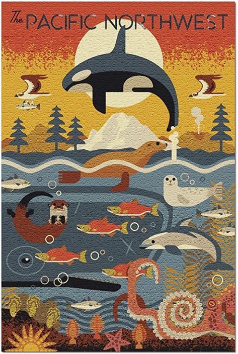 Animals Geometric, Pacific Northwest Style, Geometric Lantern, Alaska Art, Pacific Northwest Art, Tacoma Washington, Puzzle For Adults, Outdoor Stickers, 500 Piece Jigsaw Puzzles