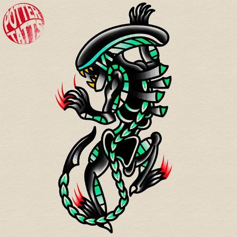 Alien American Traditional Tattoo, Simple Black Tattoos Men, Xenomorph Tattoo Traditional, Xenomorph Tattoo Ideas, Fantasy Traditional Tattoo, Alien Traditional Tattoo, Dark American Traditional Tattoo, American Traditional Drawing, Alien Flash Tattoo