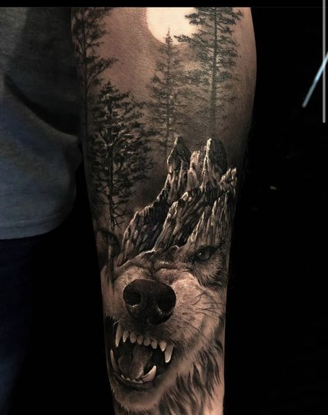 Mountain Sleeve Tattoo, Wolf Tattoo Forearm, Waterfall Tattoo, Wilderness Tattoo, Bear Tattoo Designs, Animal Sleeve Tattoo, Nature Tattoo Sleeve, Wolf Tattoo Sleeve, Forarm Tattoos