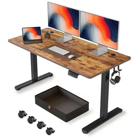 FEZIBO 55 x 24 Inches Standing Desk with Drawer, Adjustable Height Electric Stand up Desk with Storage, Sit Stand Home Office Desk, Ergonomic Computer Desk, Rustic Brown Desk With Drawer, Desk With Storage, Electric Standing Desk, Wall Shelves & Ledges, Stand Up Desk, Cat Bed Furniture, Home Office Storage, Adjustable Table, Home Office Desk