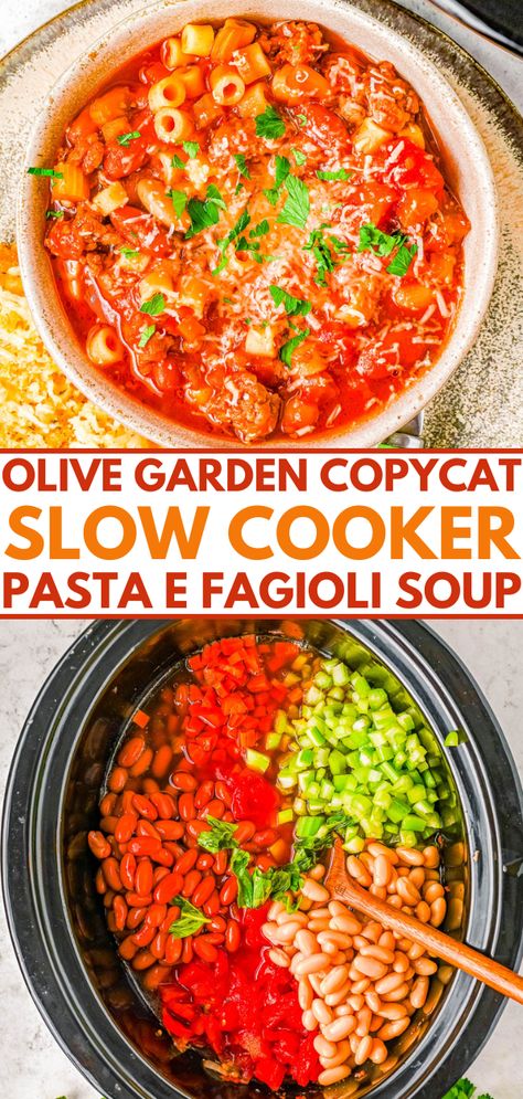 Fagioli Soup Olive Garden, Slow Cooker Pasta Fagioli, Olive Garden Minestrone Soup, Italian Soup Recipes, Pasta Fagioli Soup, Crockpot Pasta, Pasta E Fagioli Soup, Fagioli Soup, Work Food