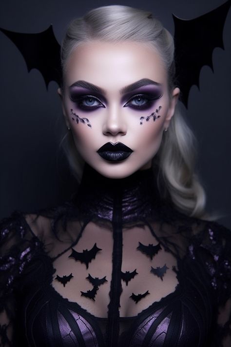 Halloween Batwing Beauty makeup inspired by Gothic aesthetics Dark Halloween Makeup Looks, Easy Drag Makeup, Dark Angel Halloween Makeup, Gothic Halloween Makeup, Pretty Witch Makeup, Dark Angel Makeup, Halloween Beauty Makeup, Wicked Makeup, Bat Makeup