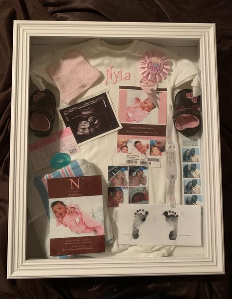 Shadow Box For Baby Girl, Newborn Shadow Box Girl, Shadow Box Baby Girl, Baby Shadow Box Girl, Shadow Box Ideas Baby, Newborn Shadow Box Ideas, Baby Shadow Boxes, Baby Keepsake Box Ideas, Shadow Box For Baby