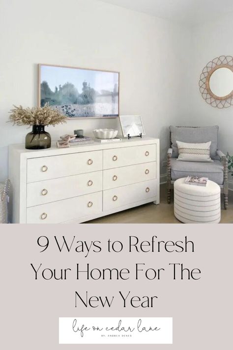 One of my favorite ways to get the new year off to a great start is to give my home a refresh. This way I can evaluate my home and decide if my décor still matches my current style preferences. In today's post, I’m sharing 9 practical tips on how to refresh your home for the New Year. Visit the blog to learn more! new year home reset, clean aesthetic, new year home refresh January Home Reset, New Year Home Reset, Life On Cedar Lane, Home Reset, Aesthetic New Year, Comfortable Reading Nook, Weekend Home, Home Refresh, Blogger Inspiration