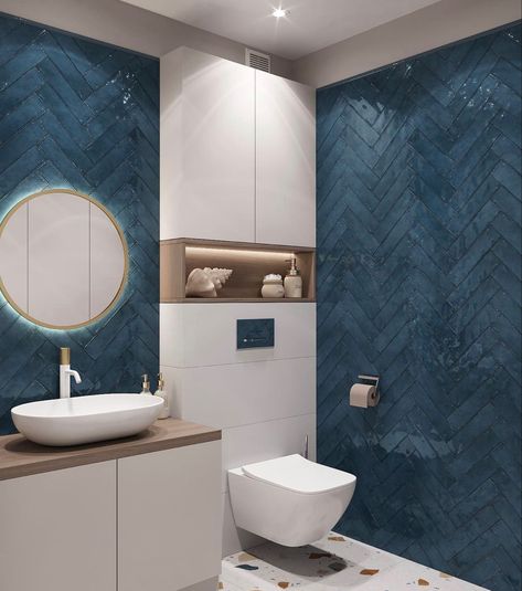 Turquoise And Grey Bathroom, Blue Toilet Room, Navy Bathroom Ideas, Blue Bathroom Tile Ideas, Toilet Tiles Design, Tiled Wall, Blue Bathroom Tile, Small Bathroom Interior, Washbasin Design