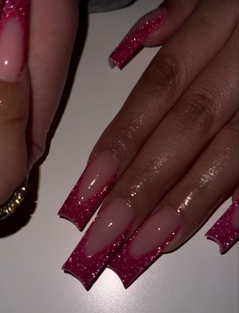 Nails Acrylic Aesthetic Coffin, Dark Pink Birthday Nails, Sparkly Pink French Tip Acrylic Nails, Hoco Nail Ideas Pink Dress, Short Dark Red Nails With Glitter, Pink Sparkle Nails Square, Fushia Prom Nails, Fuschia Pink Nail Designs, French Pink Glitter Nails