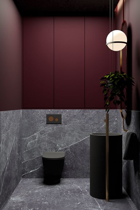 Burgundy toilet on Behance Maroon Bathroom, Burgundy Bathroom, Paris Bathroom, Toilette Design, Grey Bedroom Decor, Restroom Design, Washroom Design, Bathroom Design Decor, Toilet Design