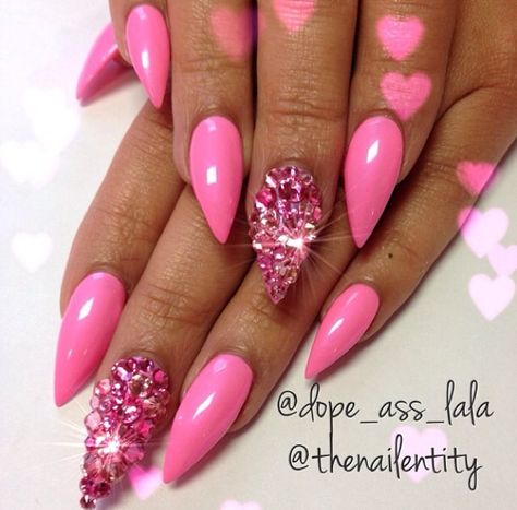 Pink jeweled stiletto nails. Follow @dopeasslala on Instagram  http://instagram.com/p/fabG9sFGt1/ Fly Nails, Vday Nails, Pedi Ideas, Unghie Nail Art, Nails Valentines, Nails Stiletto, Polish Nails, Nails Aesthetic, Exotic Nails