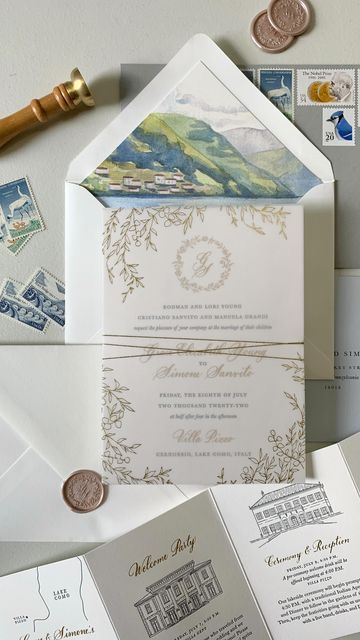 Tricia Kim | Fourteen-Forty on Instagram: "Come to Lake Como with us! Isn’t this just the dreamiest Italian wedding invitation? Invitation Design: @fourteen_forty #fourteenfortyny #weddinginvite #weddinginvitation #1440nyc #weddinginvitations #lakecomowedding #italywedding #lakecomo #nyweddinginvitations #luxewedding #luxeweddings #waxseal #waxsealwednesday #customweddinginvitations #customweddinginvitation #letterpress" Lake Como Wedding Invitations, Luxury Invitation Design, Italian Wedding Invitations, Letterpress Save The Dates, Como Wedding, Lake Como Wedding, Luxury Invitation, Luxe Wedding, Ny Wedding