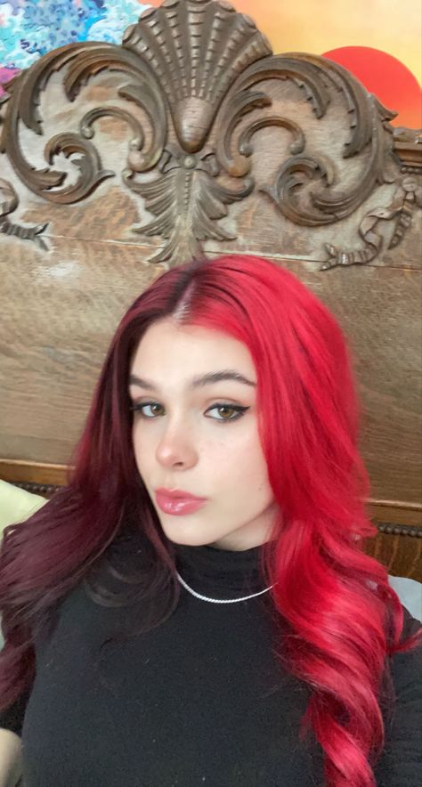 Red and black split dyed hair Split Dye Red Hair, Colorful Split Dyed Hair, Red And Purple Split Dye, Dark Red And Orange Hair, Red And Pink Split Dye, Client Manifestation, Red Split Hair, Split Dyed Hair Ideas, Black And Red Split Dye