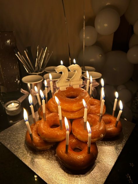 22nd birthday, donut cake Donuts Birthday Aesthetic, Twenty Two Birthday Ideas, Fast Food Birthday, Donut Bday Cake, Donuts For Birthday, Stacked Donut Cake, Birthday Doughnut Ideas, Donut Birthday Party Cake, Doughnut Birthday Cake