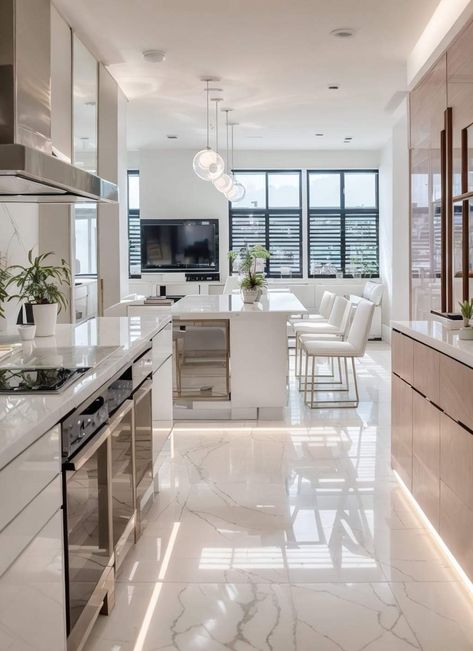 White Kitchen Aesthetics, White Kitchen With Island, Dream Bathroom Master Baths, Kitchen Background, Elegant Kitchen Design, Kitchen With Island, Loft Interior Design, Interior Design Per La Casa, White Kitchen Design