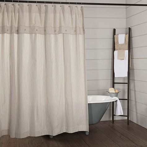 Ticking Stripe Shower Curtain, Farmhouse Powder Room, Taupe Bedding, Rustic Shower Curtains, Faux Wood Tiles, Stripe Shower Curtain, Extra Long Shower Curtain, Farmhouse Shower Curtain, Long Shower Curtains