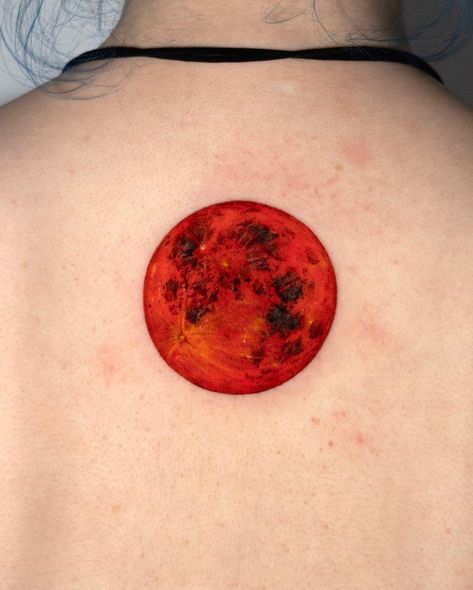 Red Moon 🔴 . Done by resident artist @z9_ttt . For Inquiries ⬇️ 📧 info@seoulinktattoo.com Red Clouds Tattoo, Orange Moon Tattoo, Moon Eclipse Tattoo, Red Dot Tattoo, Red Circle Tattoo, All Red Tattoo, Red Eyes Tattoo, Blood Moon Tattoo, Red Moon Tattoo