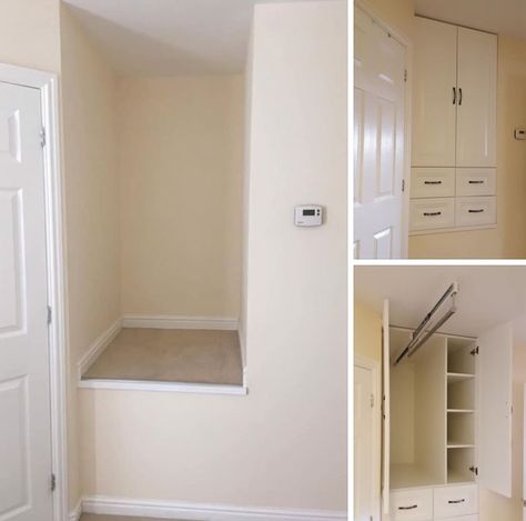 Cupboard To Wardrobe Ideas, Stair Box Wardrobe, Box Room Ideas Storage Solutions, Bulkhead Storage Ideas, Wardrobe Over Stairs Bulkhead, Over Stairs Storage Bedroom, Bulk Head Ideas Bedroom, Stair Box In Bedroom, Bulkhead Bedroom