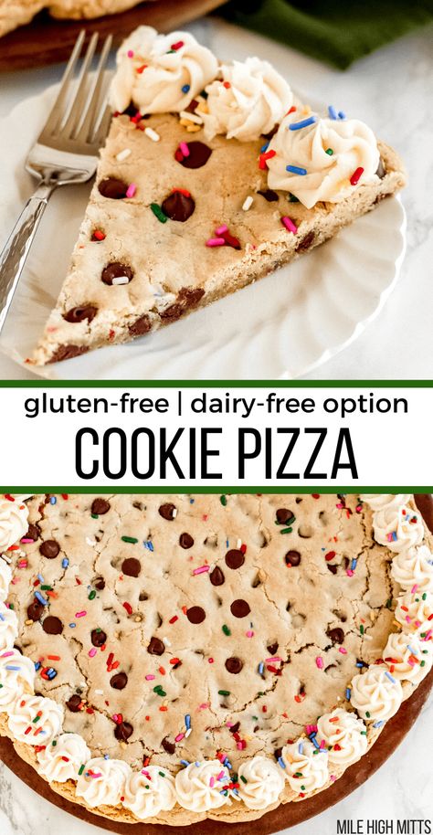 The best, classic birthday party or Holiday party treat is a Cookie Pizza! This easy dessert is based off of my chocolate chip cookie recipe, forming one giant cookie that you can cut into slices just like pizza. Filled with chocolate chips and sprinkles, this gluten-free cookie pizza can also easily be made dairy-free. Use buttercream frosting to decorate the edges (and add a little "Happy Birthday" in the middle too!). This flexible dessert can work for Christmas, Valentine's Day, and more! Classic Birthday Party, Gluten Free Dairy Free Dessert, Classic Birthday, Cookie Pizza, Giant Cookie, Chocolate Chip Cookie Recipe, Allergy Free Recipes, Dessert Dips, Gluten Free Dairy Free Recipes