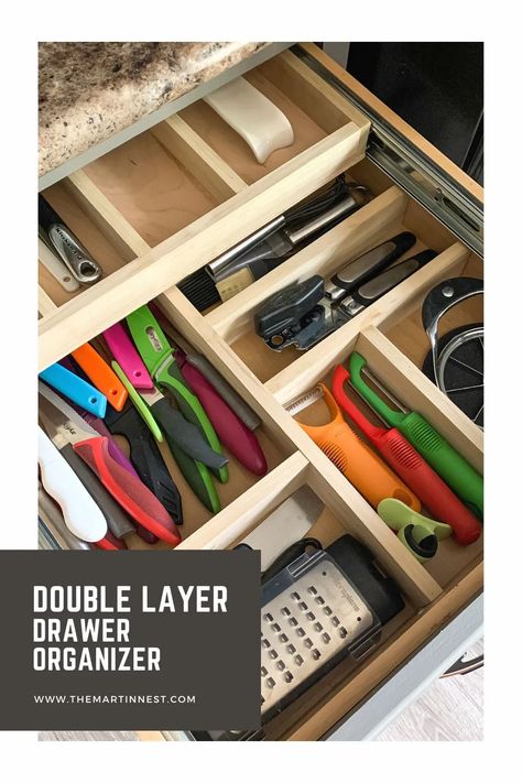 DIY Two-Tiered Drawer Organizer - themartinnest.com Hidden Knife Drawer, Sliding Stackable Drawer Organizer, Diagonal Drawer Organizer, Stacking Drawer Organizer, Knife Drawer Organizer Diy, Double Layer Drawer Organizer, Utinsel Drawer Organization, Knife Drawer Storage, Deep Kitchen Drawer Organization