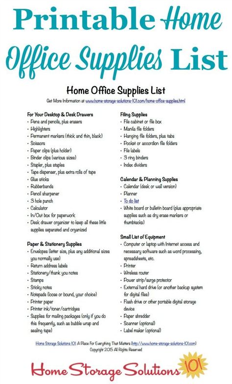 Free printable home office supplies list to make sure you're stocked with all necessary items to do your paperwork in your home {courtesy of Home Storage Solutions 101} Office Supply List, Office Supplies Checklist, Office Supplies List, Household Notebook, Back To University, Home Office Supplies, Office Organization At Work, Office Storage Solutions, School Supplies Organization