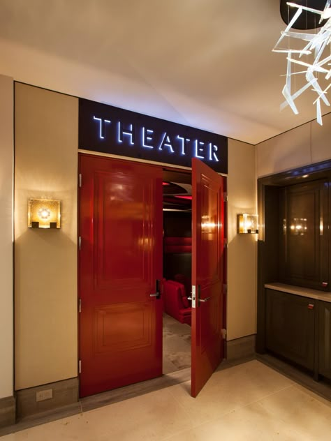 Home Theater Designs From CEDIA 2014 Finalists | HGTV Like the doors but not the sign Family Movie Room, Theatre Room Ideas, Movie Theater Rooms, Home Theater Room Design, Theater Room Design, Movie Room Decor, Home Cinema Room, Home Theater Decor, At Home Movie Theater