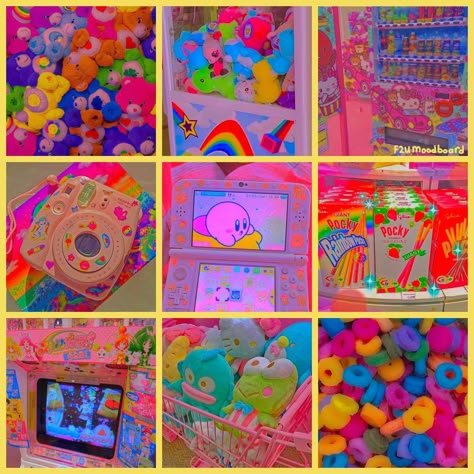 Nine pictures in 3 separate rows, each picture showing colorful photos of toys, candy, and games! Dreamcore Moodboard Aesthetic, Candycore Moodboard, Kidcore Aesthetic Moodboard, Clown Moodboard Aesthetic, Childhood Toys Aesthetic, Kidcore Palette, Kirby Moodboard, Weirdcore Color Palette, Kidcore Character Design