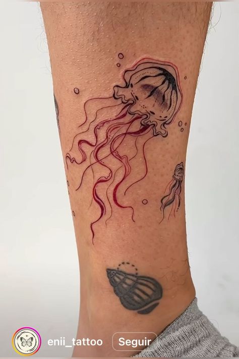 Out Of The Box Tattoo Ideas, Bold Tattoos For Women, Jellyfish Tattoo Design, Tatuaje Studio Ghibli, Upper Leg Tattoos, Lower Leg Tattoos, Tattoo Lettering Styles, Funky Tattoos, Jellyfish Tattoo