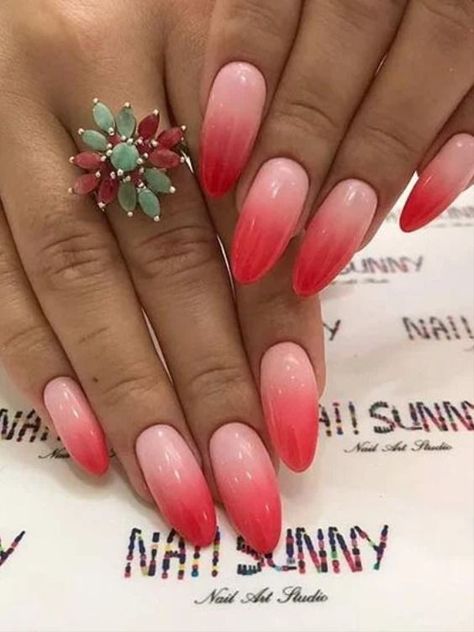 Summer weddings provide a perfect opportunity to play with fun and bright colors for your wedding guest nails. Red Ombre Nails, Red And White Nails, Red Nail Art Designs, Red And Gold Nails, Silver Nail Designs, Red Nail Art, Pink Ombre Nails, Popular Nail Designs, Ombre Nail Designs